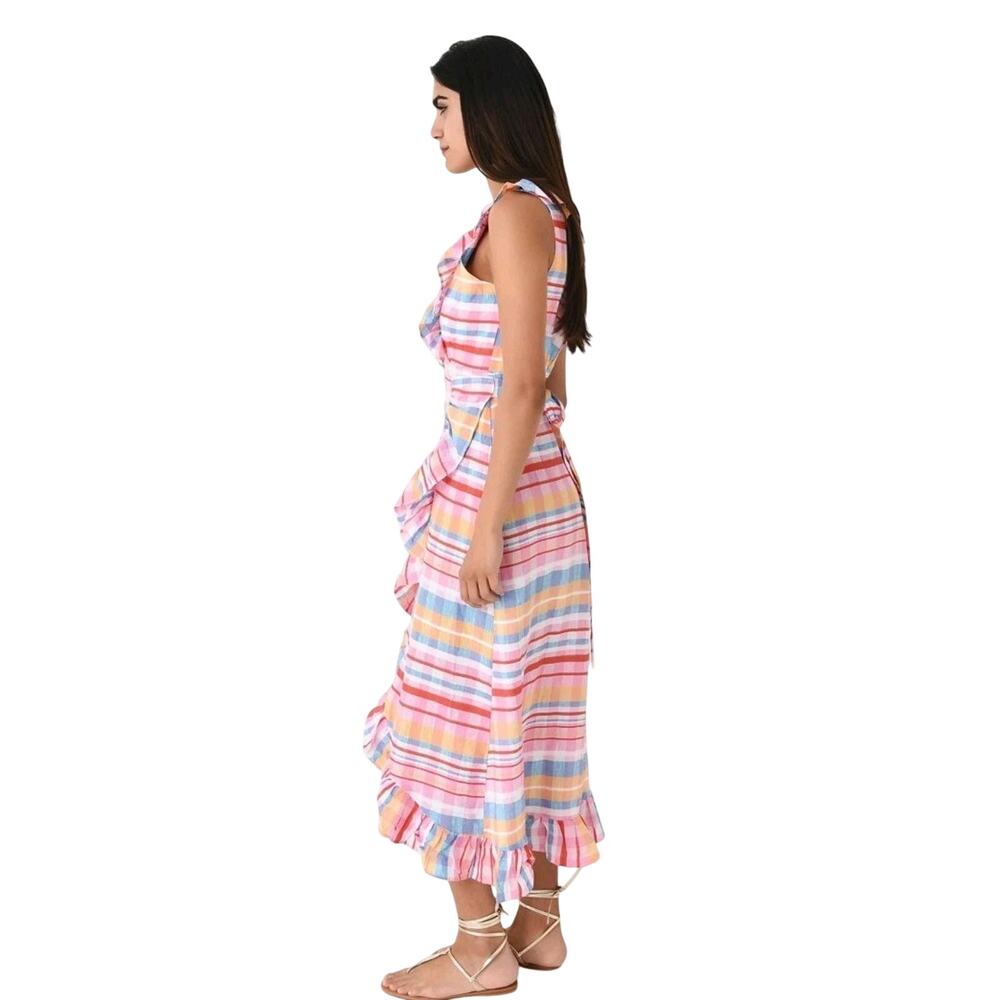 Never A Wallflower Ruffle Long Wrap Linen Dress Pink Spanish Plaid Sz M - Picture 3 of 8